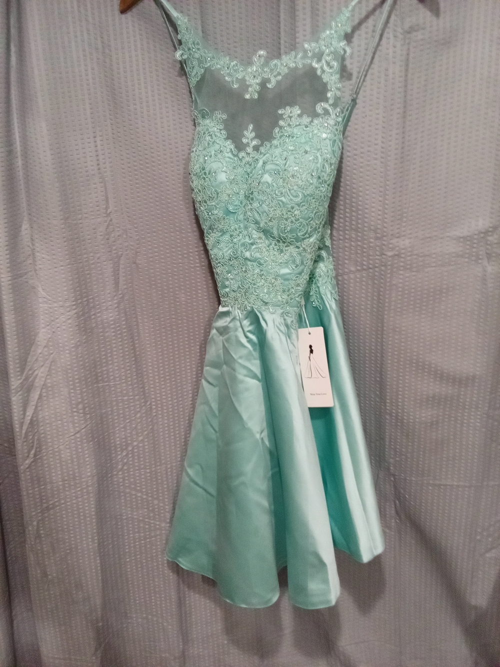 Mint Lace Appliqué Mini Dress with Sheer Yoke
